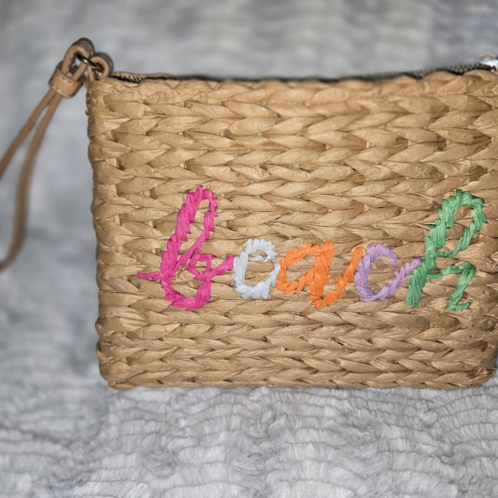 Woven Tan Clutch with Colorful Embroidery